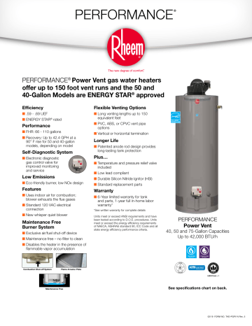 Rheem XP40T06PV36U0 Performance 40 Gal. Tall 6 Year 36,000 BTU Liquid  Propane Power Vent Tank Water