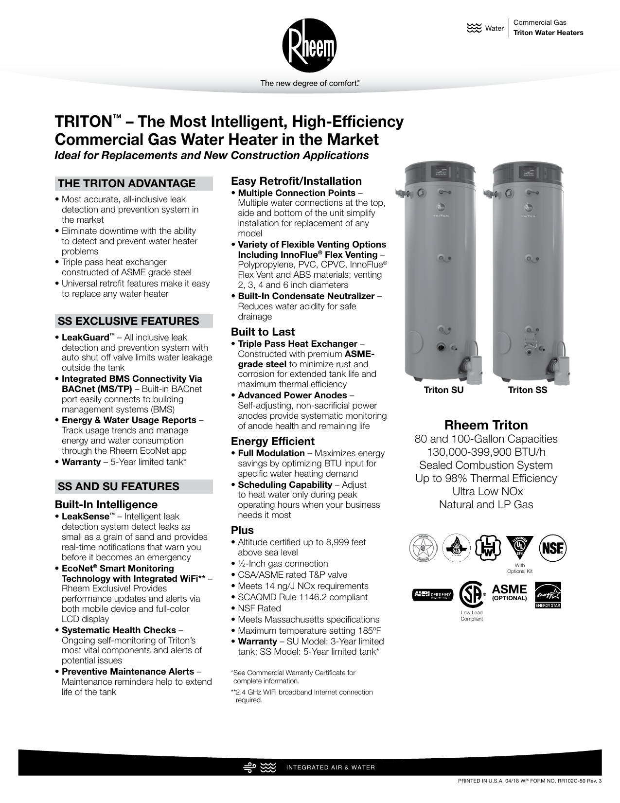 Rheem GHE80SU-160A LP Commercial Triton Heavy Duty High Efficiency 80 Gal.  160K BTU Liquid Propane ASME Tank Water Heater Specification | Manualzz
