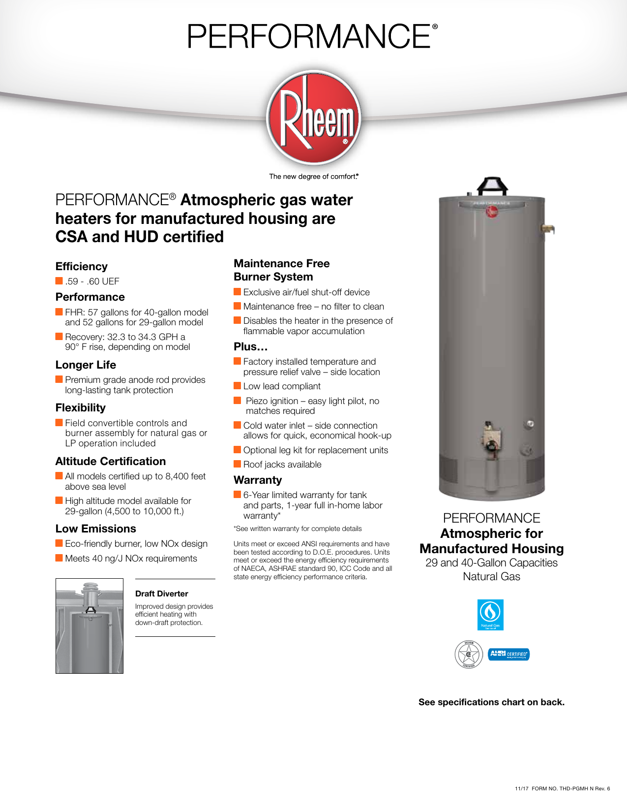 Rheem XG29T06MH32U1 Performance Manufactured Housing 29 Gal. Tall 6 Year  32,000 BTU Convertible Natural Gas/LP Tank Water Heater Specification |  Manualzz
