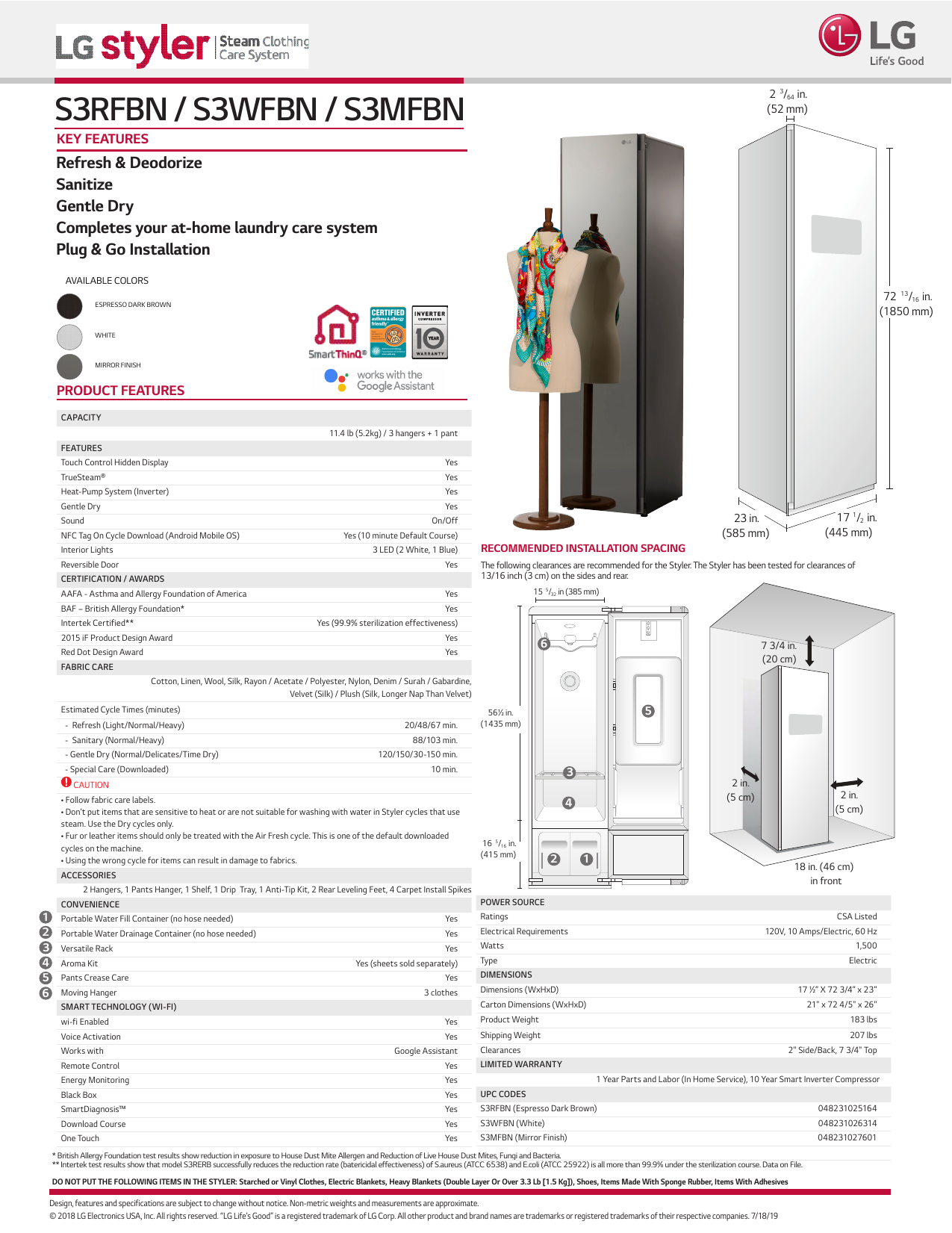 lg styler specs