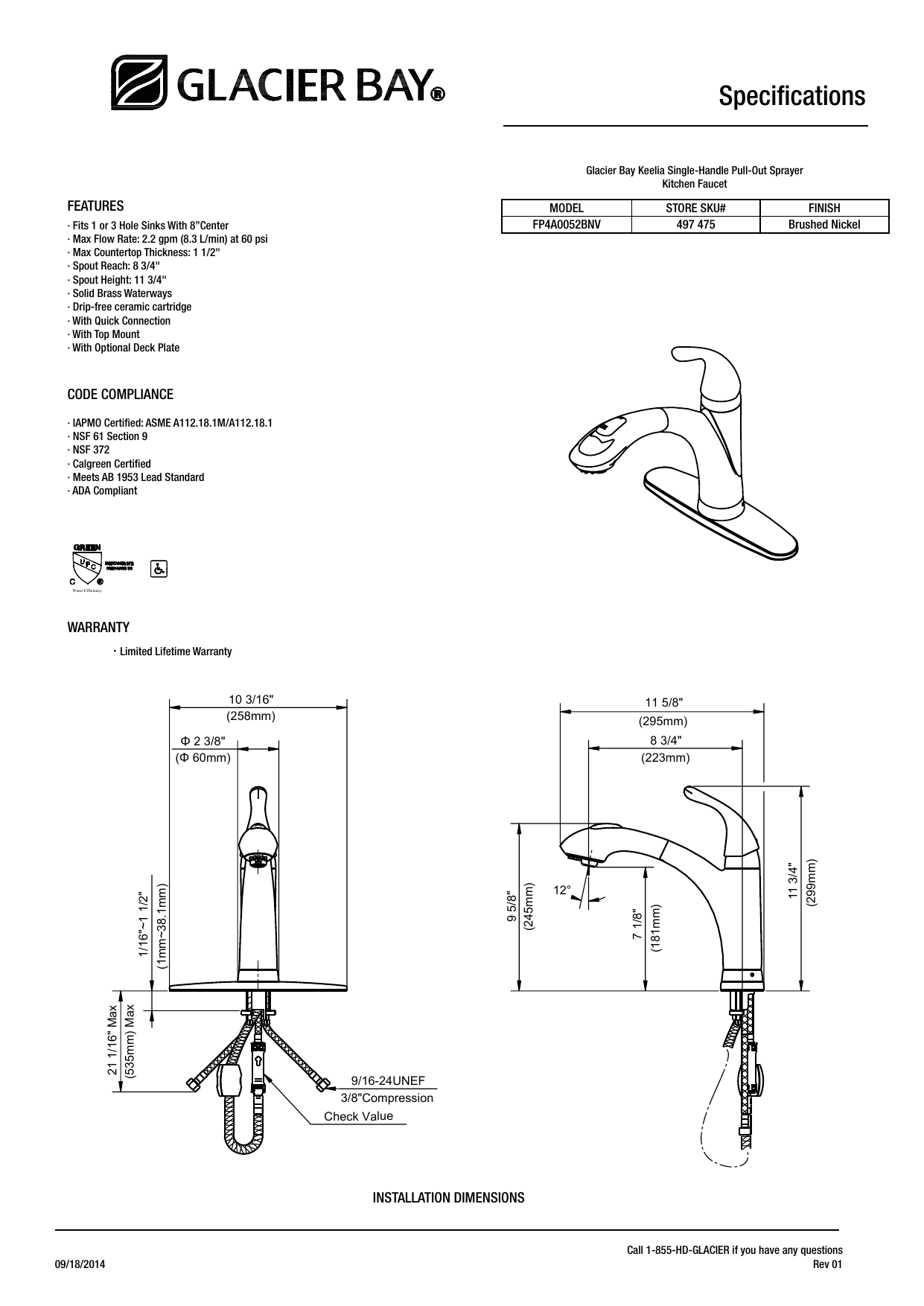 Glacier Bay FP4A0052BNV Specification Manualzz