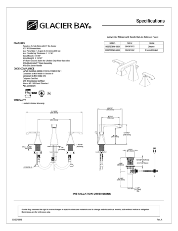 Glacier Bay HD67576W-6001 Adelyn 8 in. Widespread 2-Handle High-Arc Bathroom Faucet Specification | Manualzz