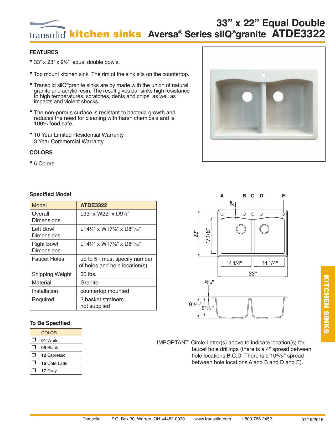 Transolid RTDJ3322-17-CDE Granite Double-Bowl Kitchen Sink 33 x 22 x 9 Grey 