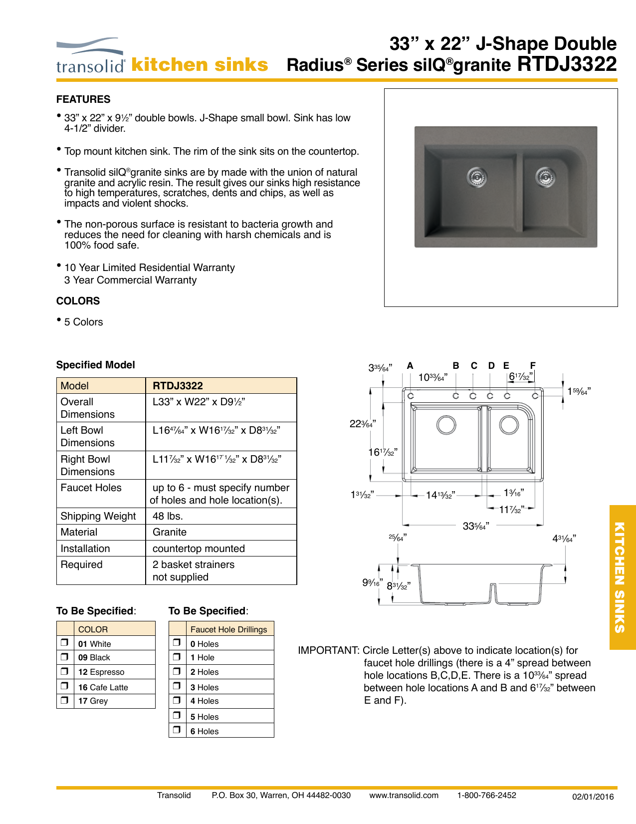 Transolid RTSS3322-01-CD Radius 22-in x 33-in Granite Drop-in 2-Hole Single Bowl Sink White Transolid RTSS3322-01-CD Radius 22-in x 33-in Granite Drop-in 2-Hole Single Bowl Sink White