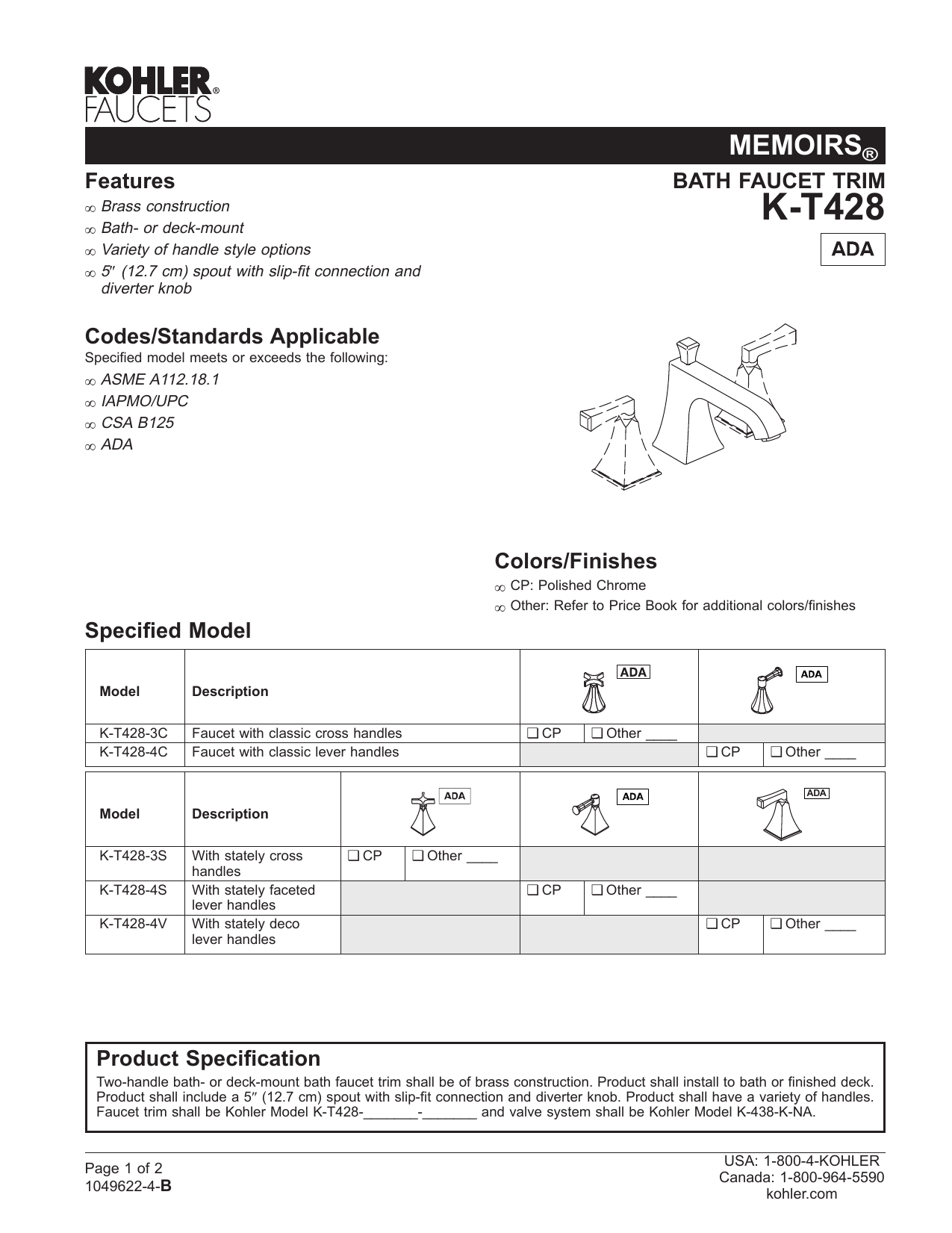 Kohler K-T467-4C-BV Memoirs Classic Double Handle Valve