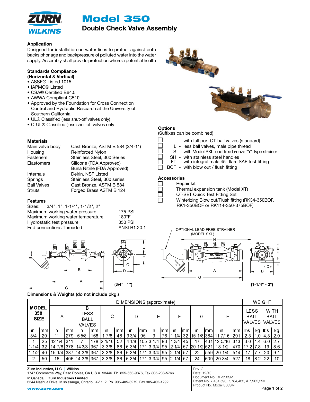 Zurn Wilkins 112 350xl 1 1 2 In Lead Free Double Check Valve Assembly Specification Manualzz