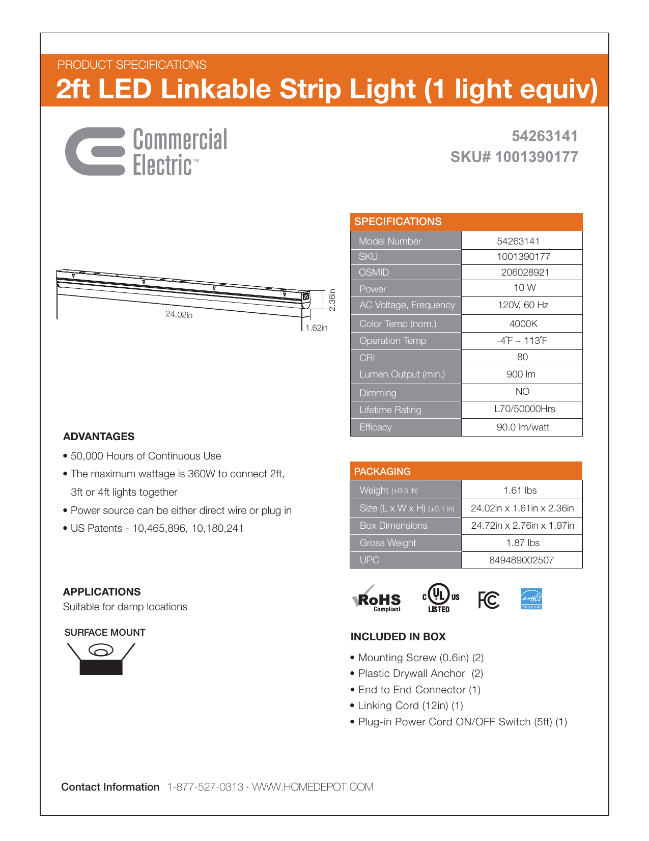 Commercial Electric 54263141 2ft LED Linkable Strip Light 1001390177 for sale online 