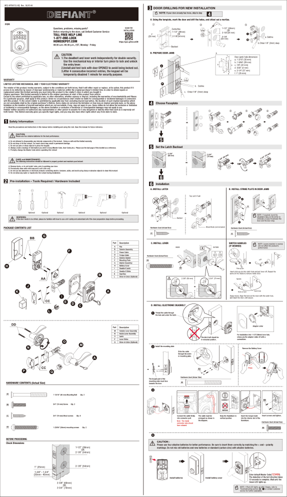 Defiant electronic deadbolt installation instructions