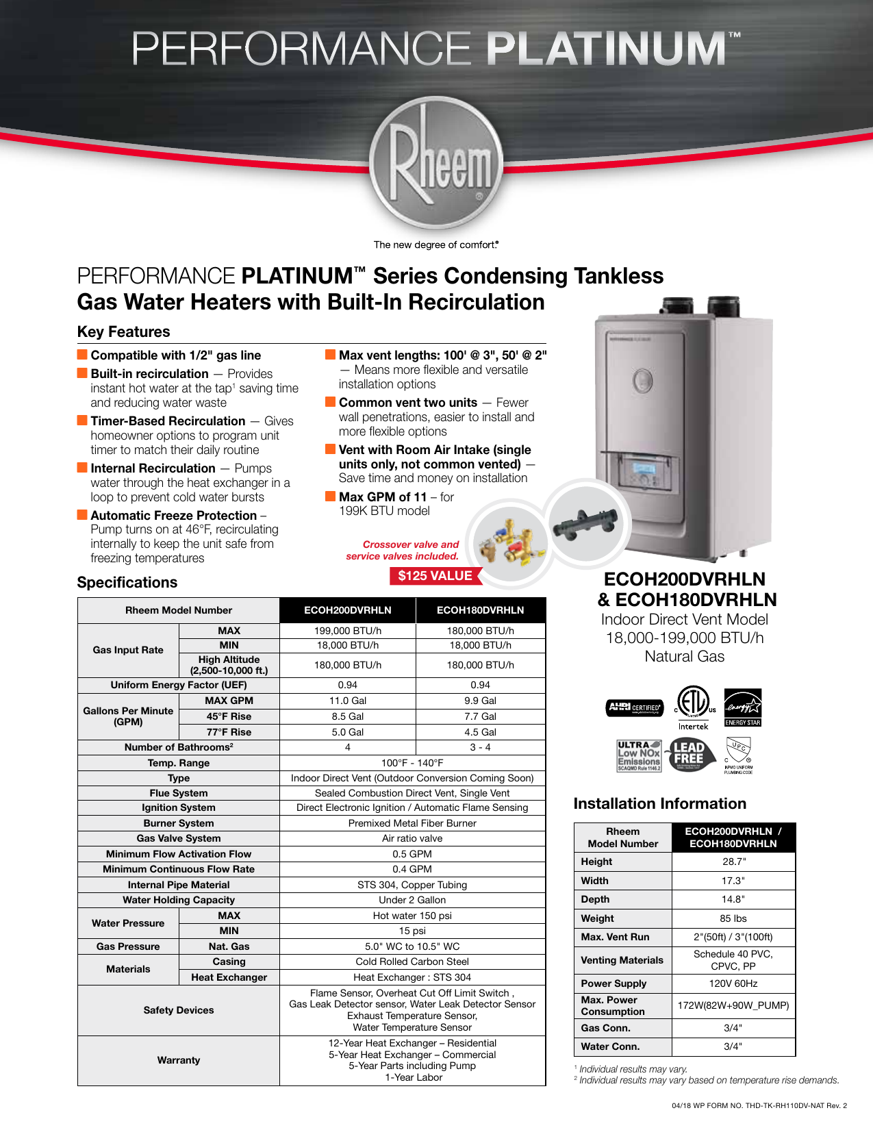 Rheem ECOH180DVRHLP Performance Platinum 9.9 GPM Liquid Propane High  Efficiency Indoor Recirculating Tankless Water Heater Specification |  Manualzz