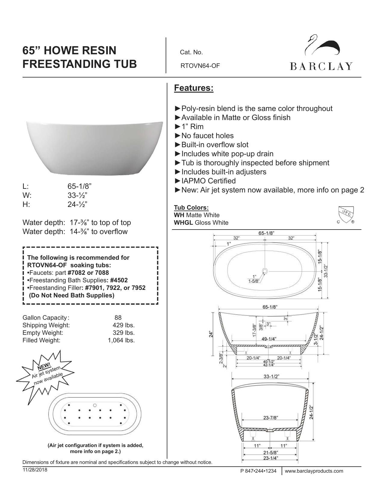 Barclay RTOVN64-OF-WH Howe 65 Resin Freestanding Tub