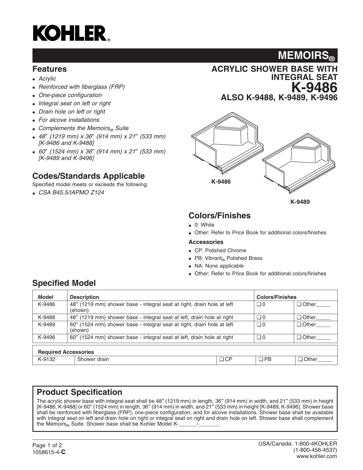 Kohler K 94 0 K 9486 0 Specification Manualzz