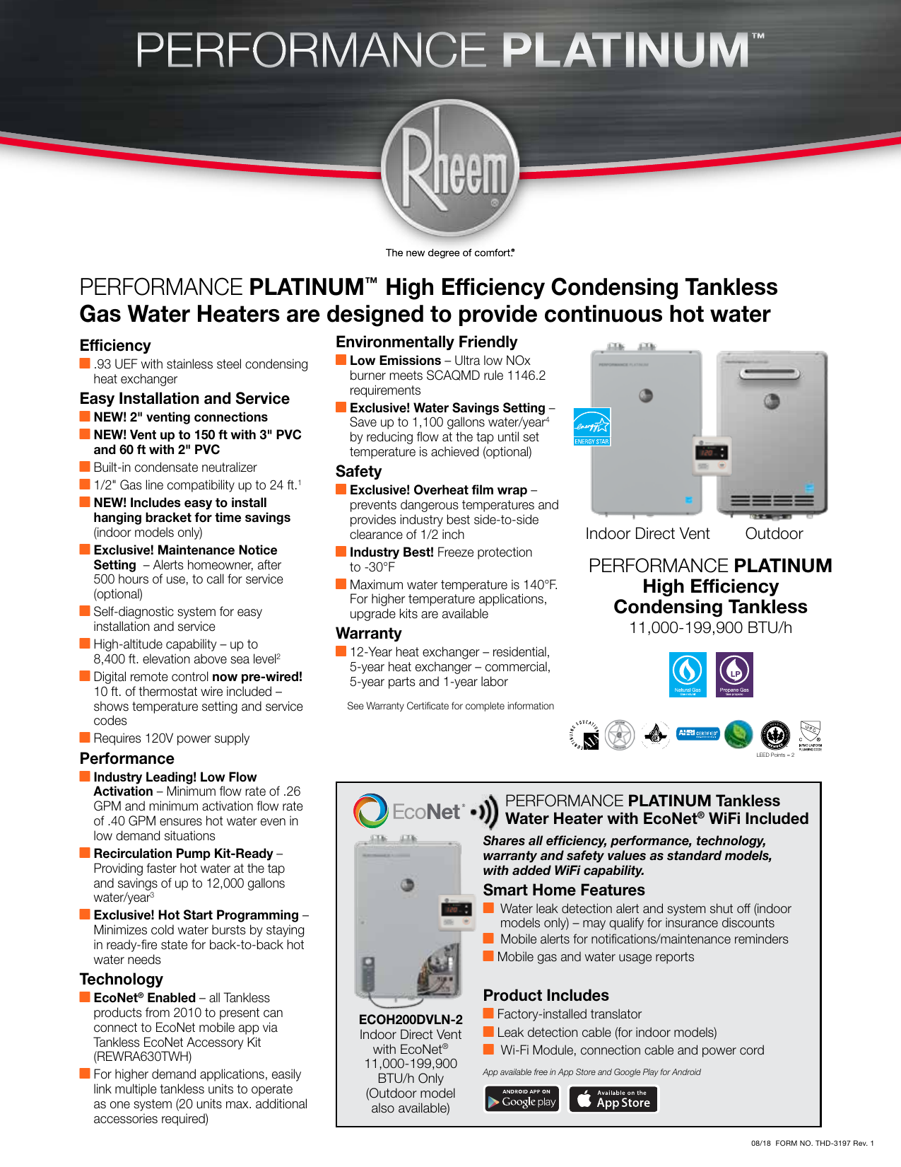 Rheem ECOH180DVELP-2 Performance Platinum 9.0 GPM Liquid Propane High  Efficiency Indoor Smart Tankless Water Heater Specification | Manualzz