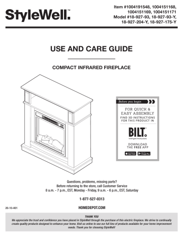 StyleWell 18-927-175-Y Albury 31 in. Freestanding Compact Infrared Electric Fireplace Use and care guide | Manualzz