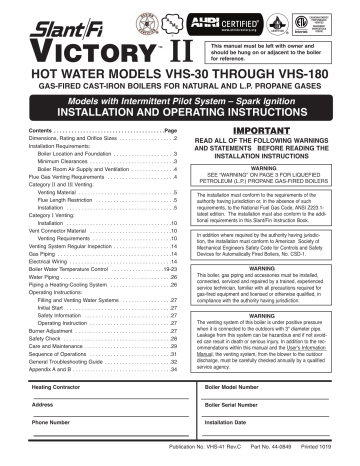 Slant/Fin VHS-120EP Victory II VHS 82.2% Natural Gas Hot Water Boiler ...