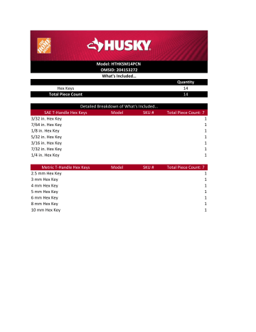 Husky HTHKSM14PCN SAE/Metric T-Handle Hex Key Set (14-Piece) Specification