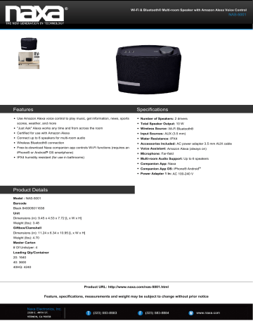 Naxa NAS5001 Wi-Fi and Bluetooth Speaker Specification | Manualzz