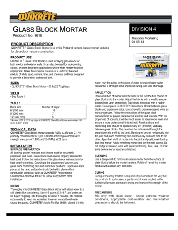 Quikrete 161000 50 lb. Glass Block Mortar Mix Specification | Manualzz