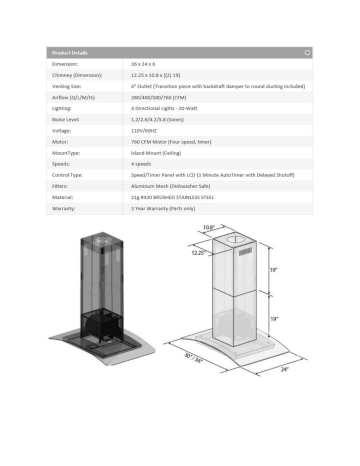 ZLINE Kitchen and Bath GL14i-36 ZLINE 36 in.  Island Mount Range Hood Specification | Manualzz