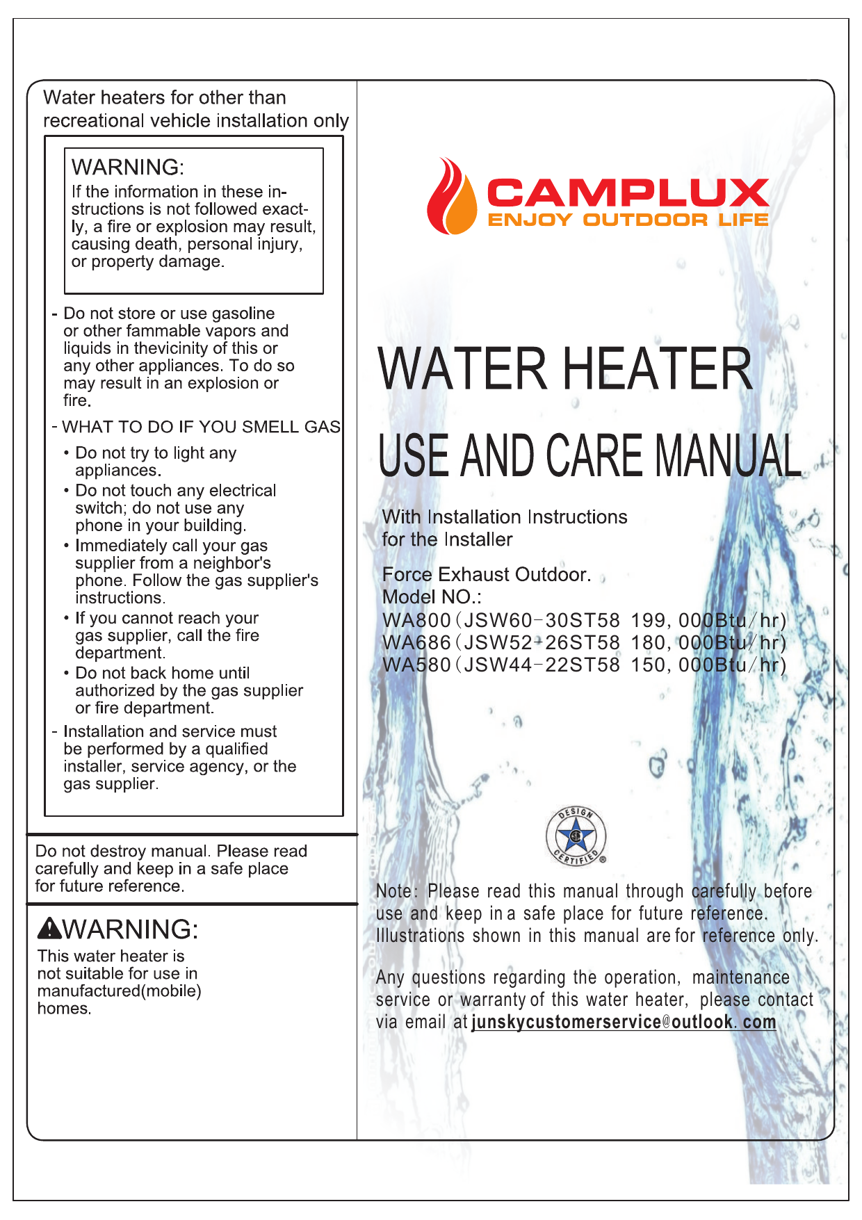 Camplux Enjoy Outdoor Life Wa686lp Camplux 26l 6 86 Gpm Liquid Propane High Capacity Residential Outdoor Tankless Water Heater Instructions Manualzz