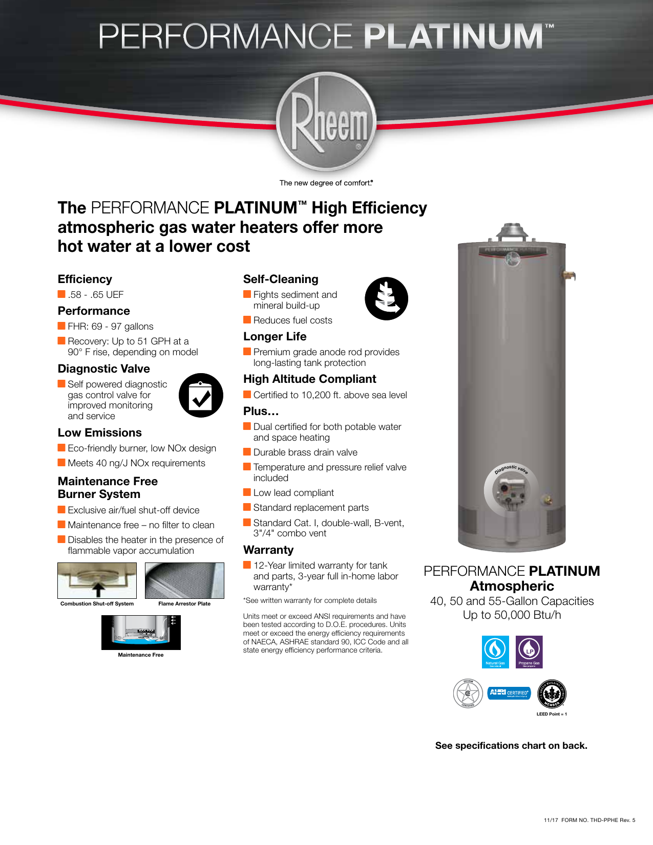 Rheem Performance Platinum 50 Gal.Tall 12 Year 40,000 BTU High