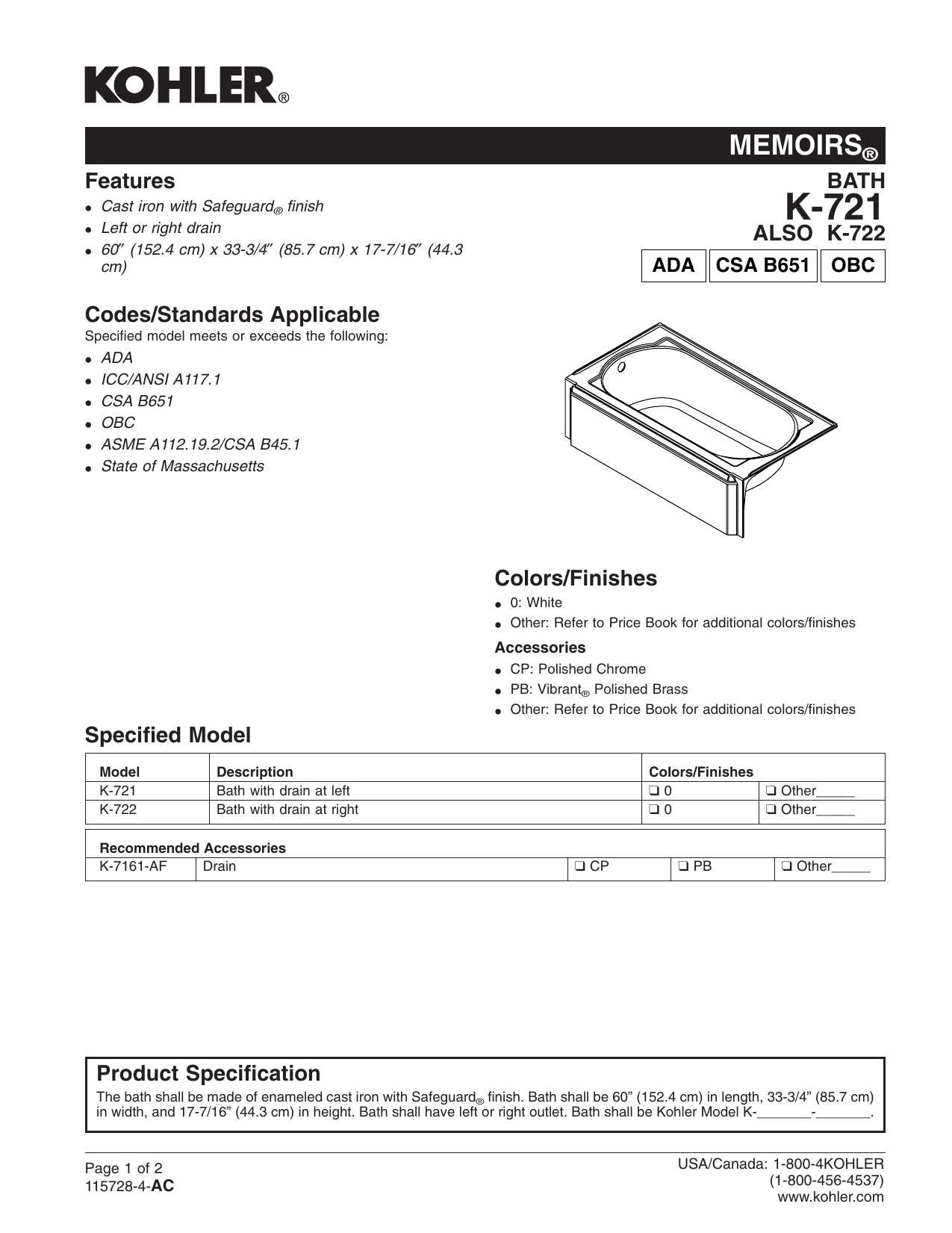 Kohler K 722 0 Specification Manualzz