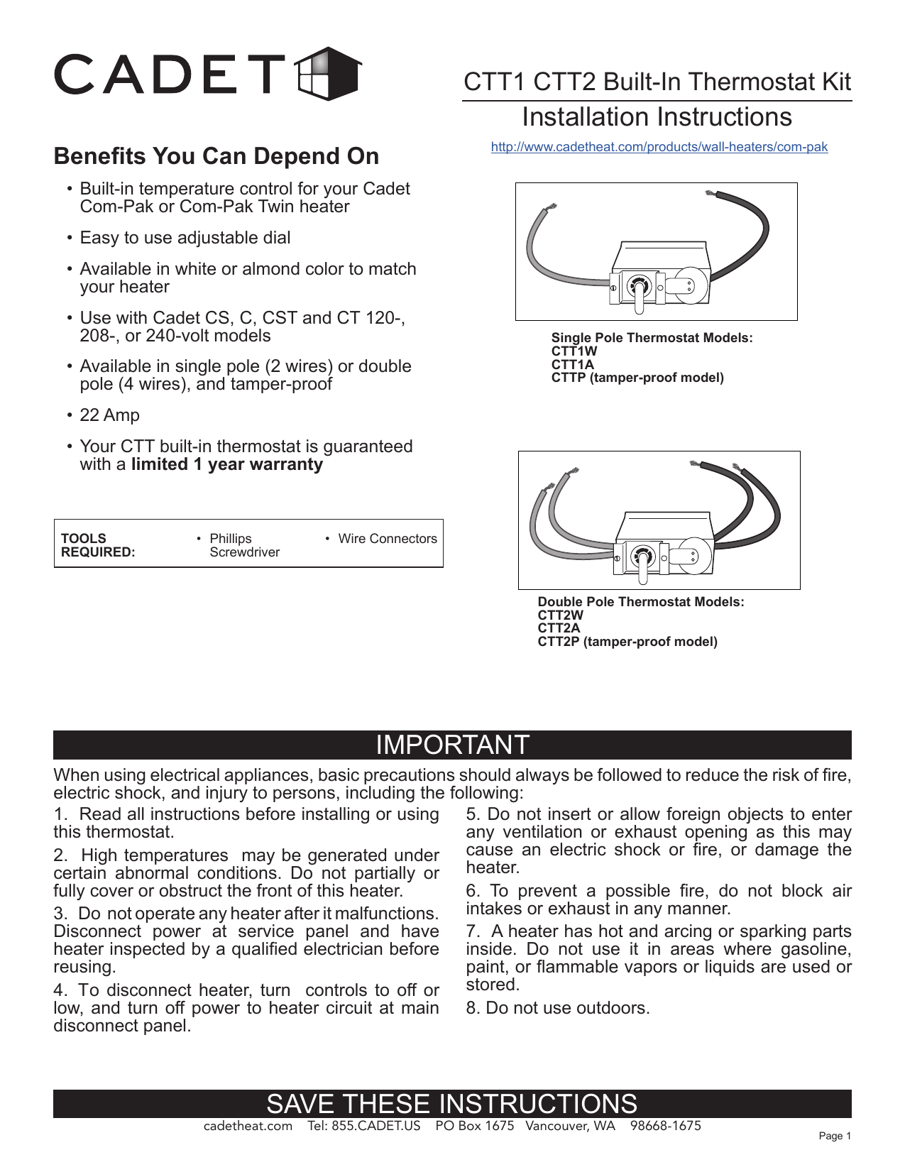 Cadet Ctt1a Com Pak Series Almond Integral Single Pole 22 Amp Thermostat Kit Instructions Manualzz