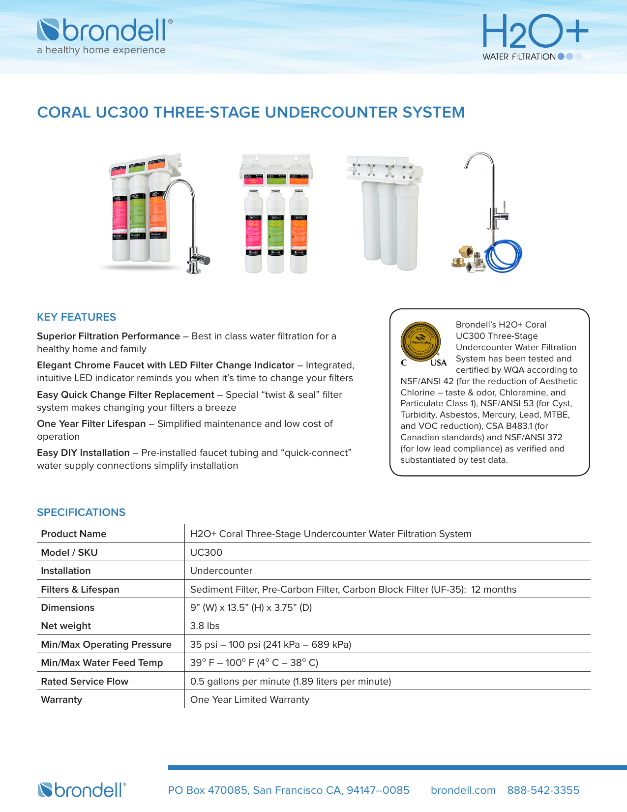 Brondell UC300 Coral 3Stage Under Counter Water Filtration, 44 OFF