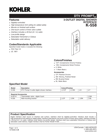 White KOHLER K-558-0 DTV Prompt Three-Outlet Digital Interface White KOHLER K-558-0 DTV Prompt Three-Outlet Digital Interface
