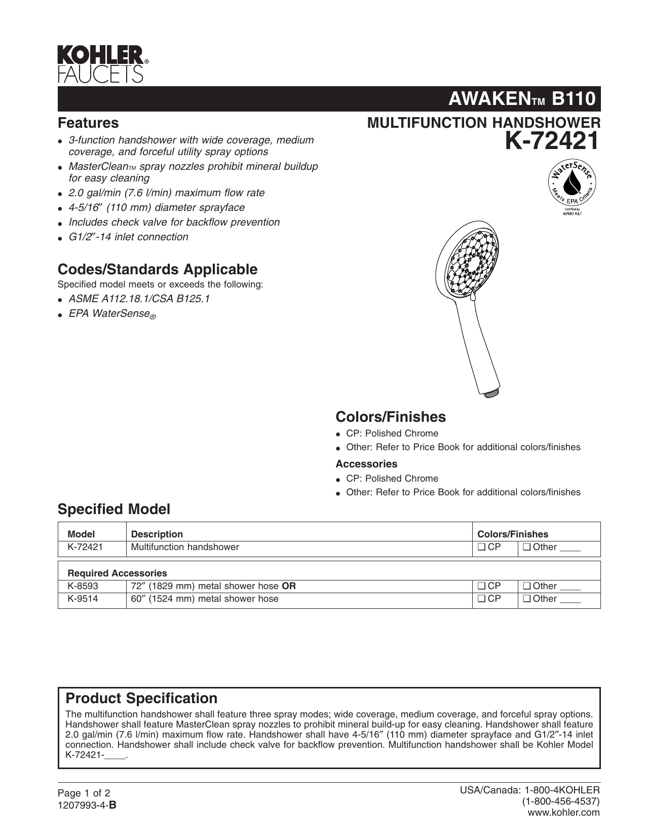 Kohler K 72421 Cp Specification Manualzz