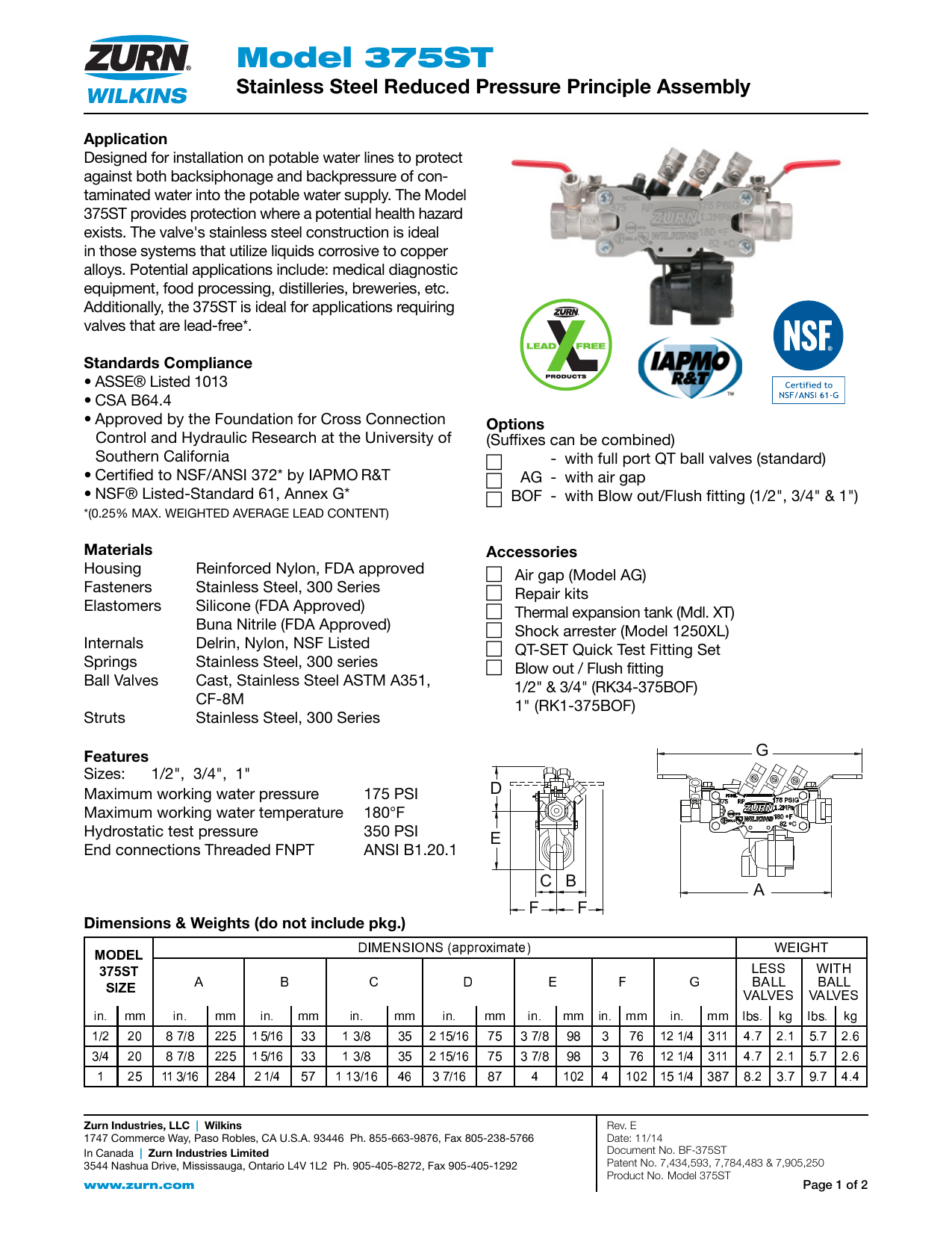 Zurn 1 375st 1 In Reduced Pressure Principle Backflow Preventer Specification Manualzz