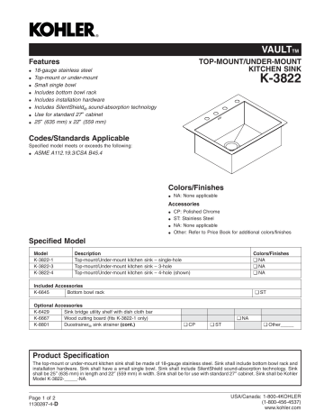 Kohler K-3822-4-NA Vault 25 Single Basin