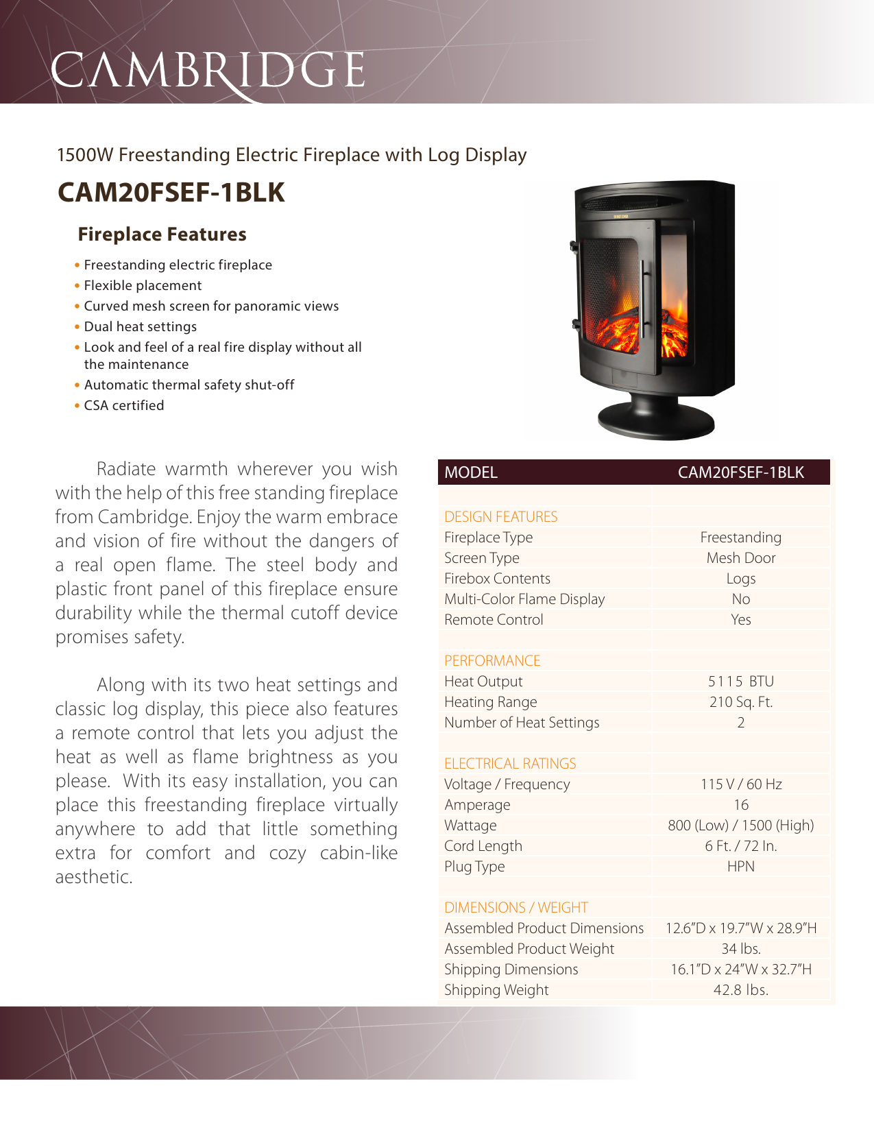 CAMBRIDGE CAM20FSEF-1BLK 20 in. Freestanding Electric Fireplace 1500-Watt  Specification | Manualzz