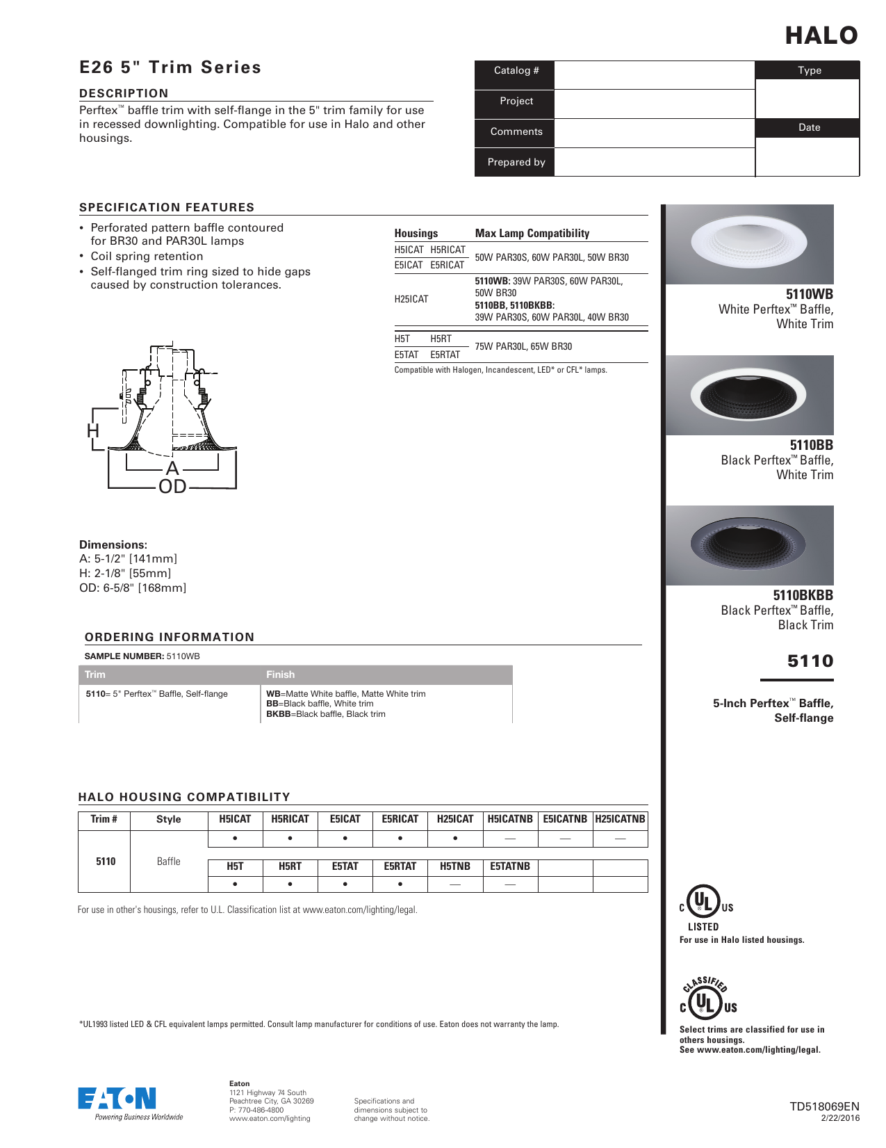 HALO 5110BB E26 Series Recessed Lighting Perftex Baffle with White Self Flanged Trim Ring Black 5 