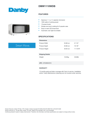 Danby DMW1110WDB 1.1 cu. ft. Countertop Microwave Specification | Manualzz
