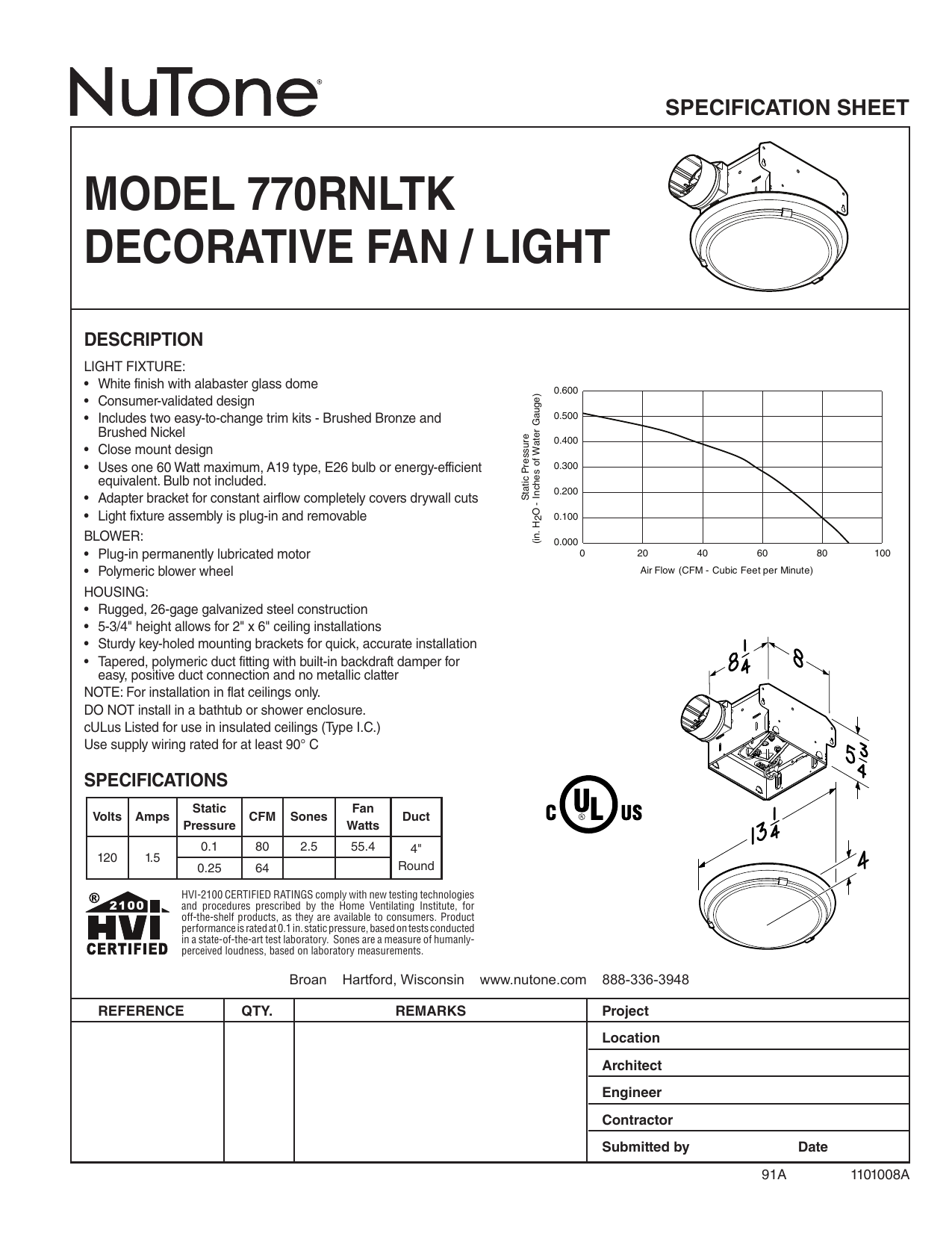 80 CFM Ceiling Bathroom Exhaust Fan 
