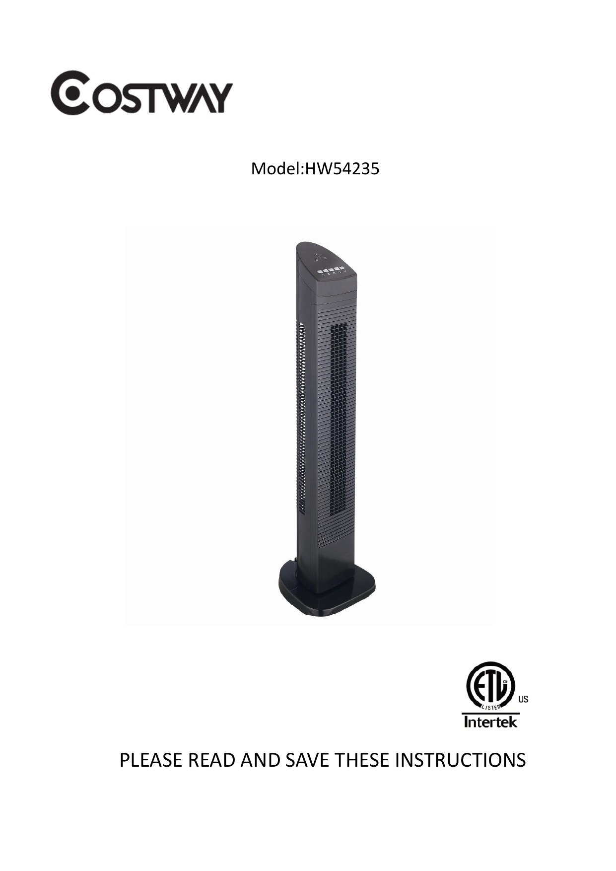 Costway Hw54235 35 In 3 Speed Portable Oscillating Cooling Bladeless Tower Fan Manual Manualzz