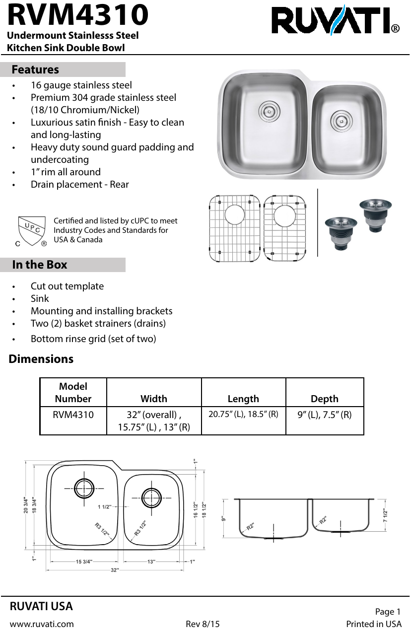 Ruvati RVM4310 32 in. 60/40 Undermount 16-Gauge Stainless Steel Double Stainless Steel Sink Gauge Chart