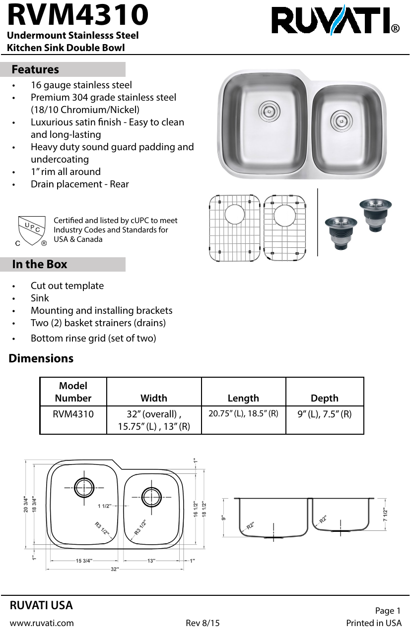 Ruvati RVM4310 32 in. 60/40 Undermount 16-Gauge Stainless Steel Double