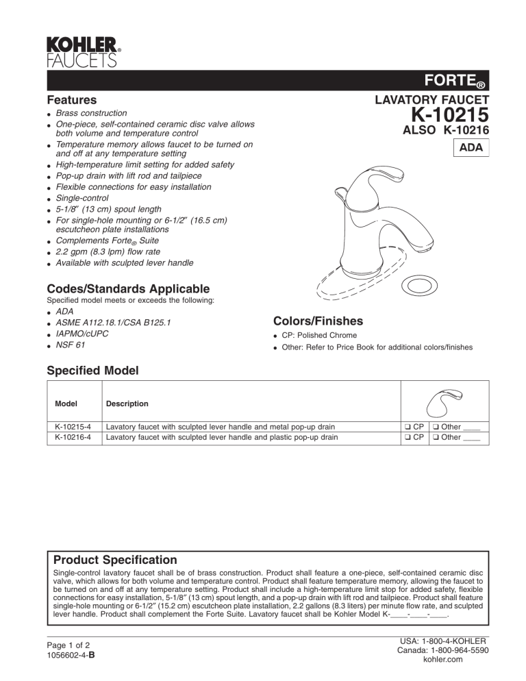 Kohler K 10215 4 G Specification Manualzz