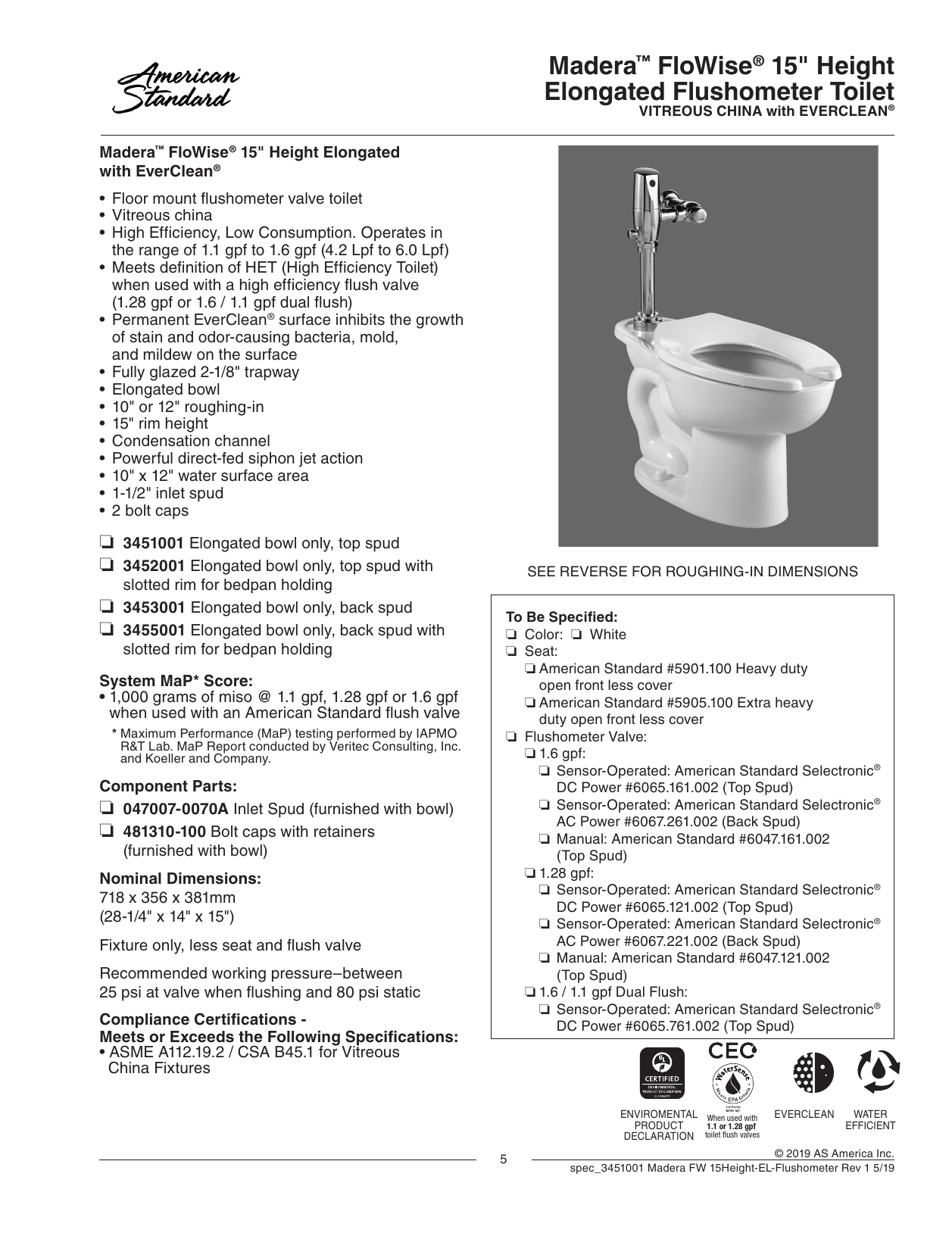 American Standard 2855.016.020 Madera Ada 1.6 Gpf Everclean Toilet With 