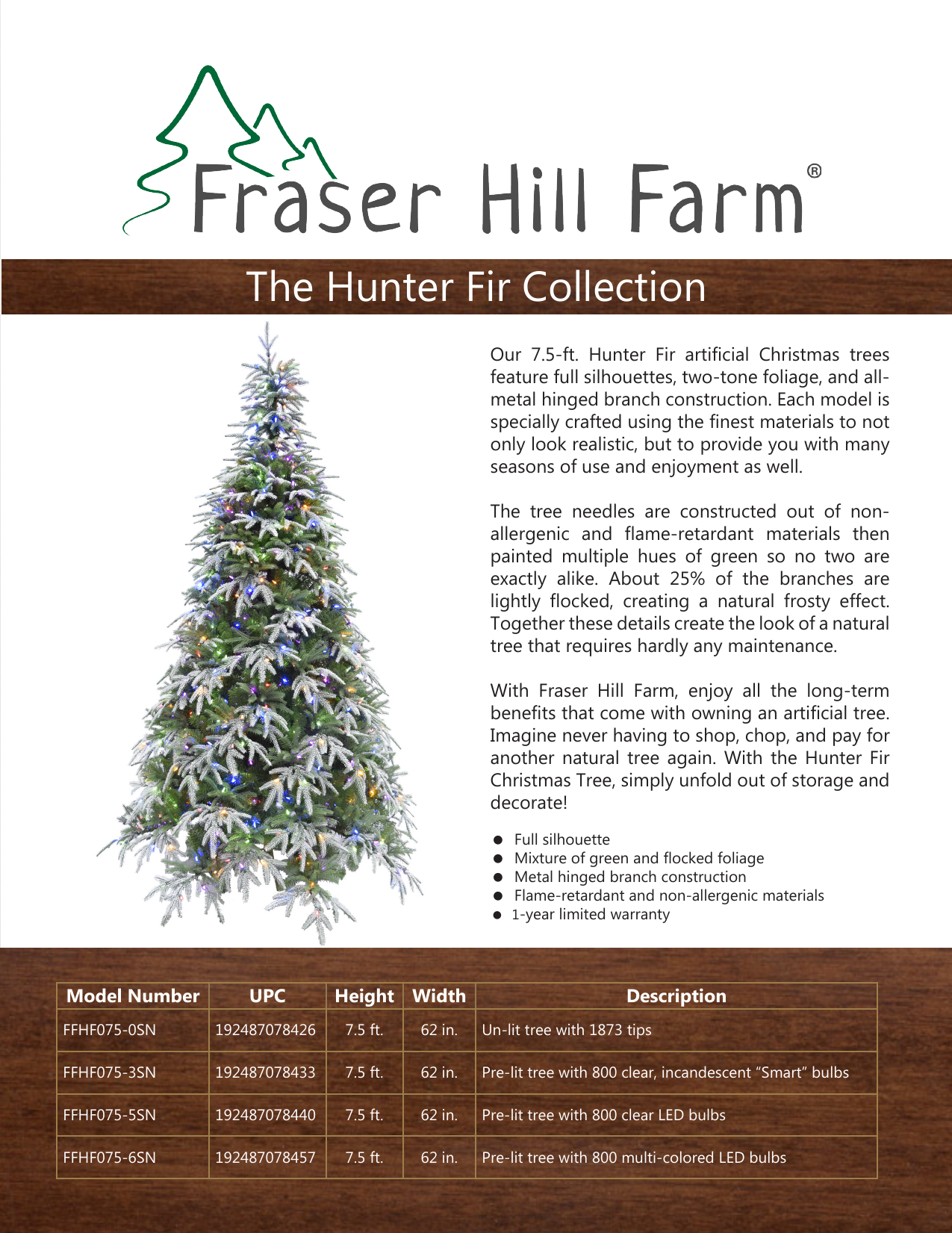 Fraser Hill Farm FFHF0756SN 7.5 ft. Hunter Fir Artificial Christmas