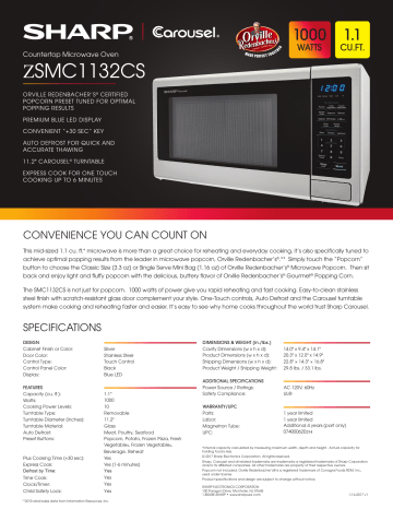 Sharp ZSMC1132CS Carousel 1.1 cu. ft. 1000-Watt Countertop Microwave Oven Specification | Manualzz