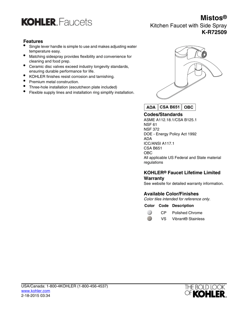 Kohler K R72509 Vs Specification Manualzz