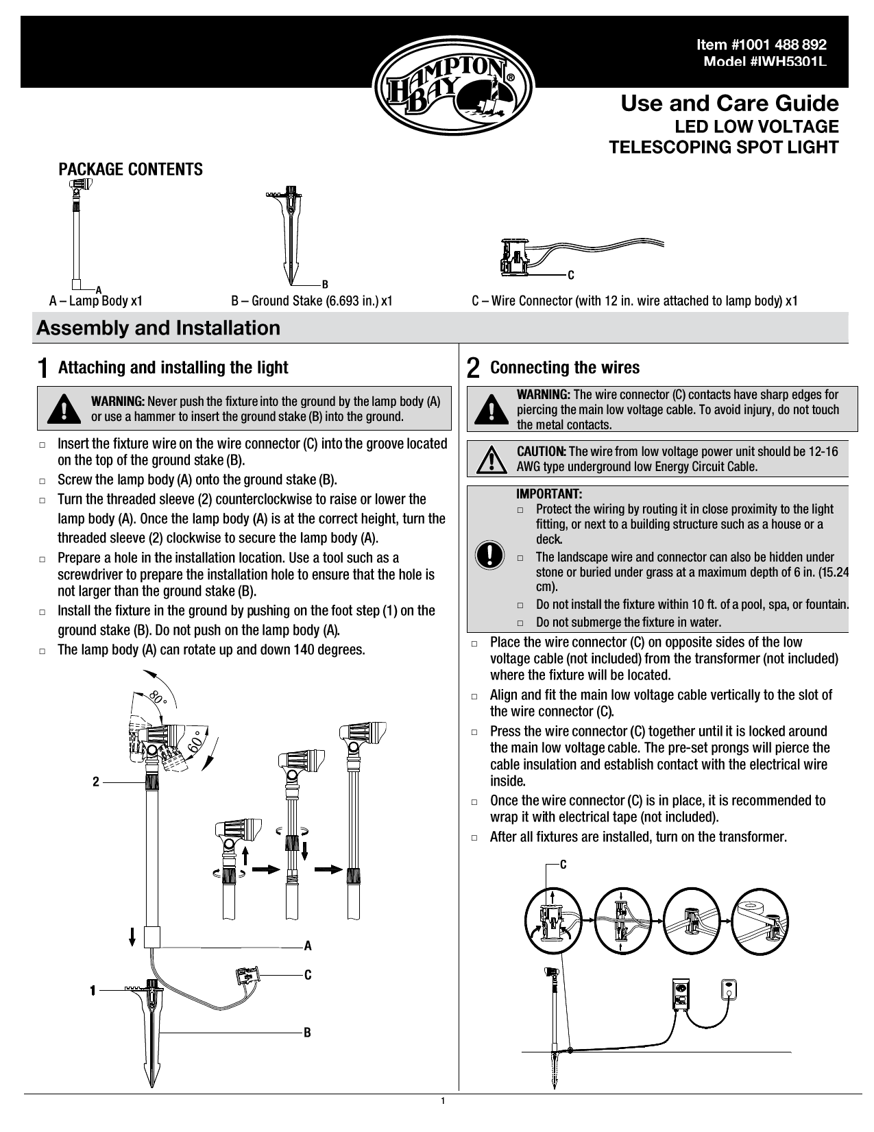 Hampton Bay IWH5301L LowVoltage 10Watt Equivalent Black Outdoor