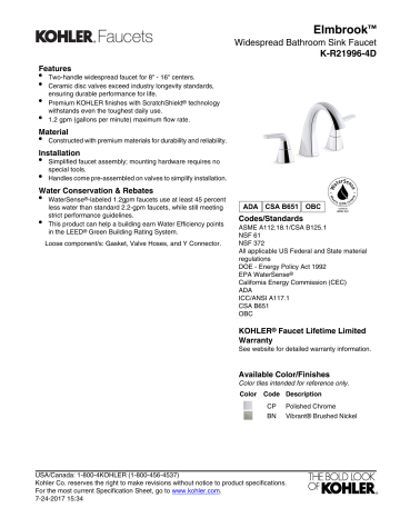 Kohler R21996-4D-CP Specification | Manualzz