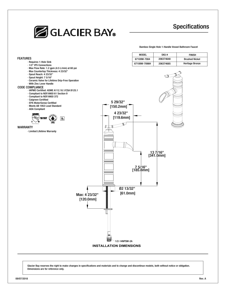 Glacier Bay 67109W-7004 Specification | Manualzz