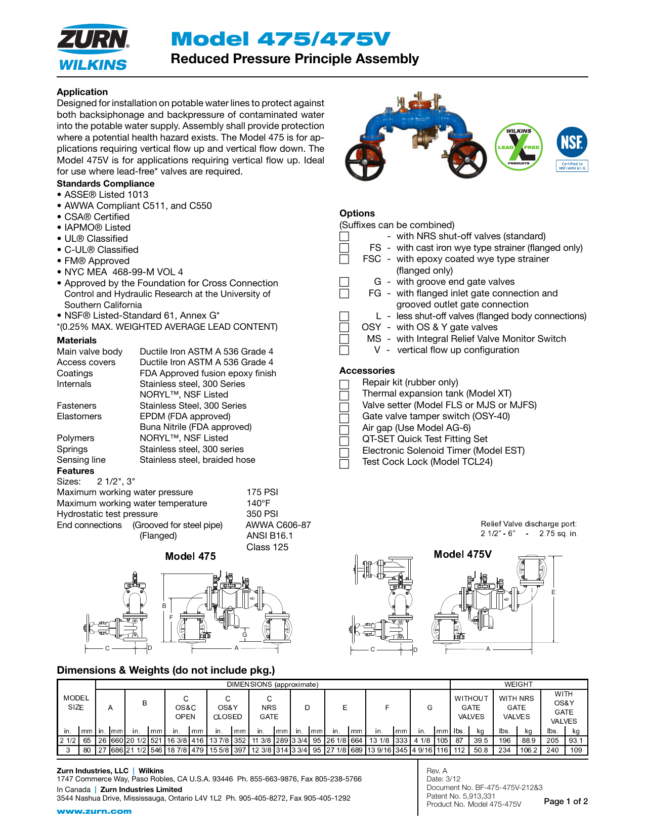 Zurn 3 475osy 3 In Reduced Pressure Principle Backflow Preventer Iron Installation Guide Manualzz