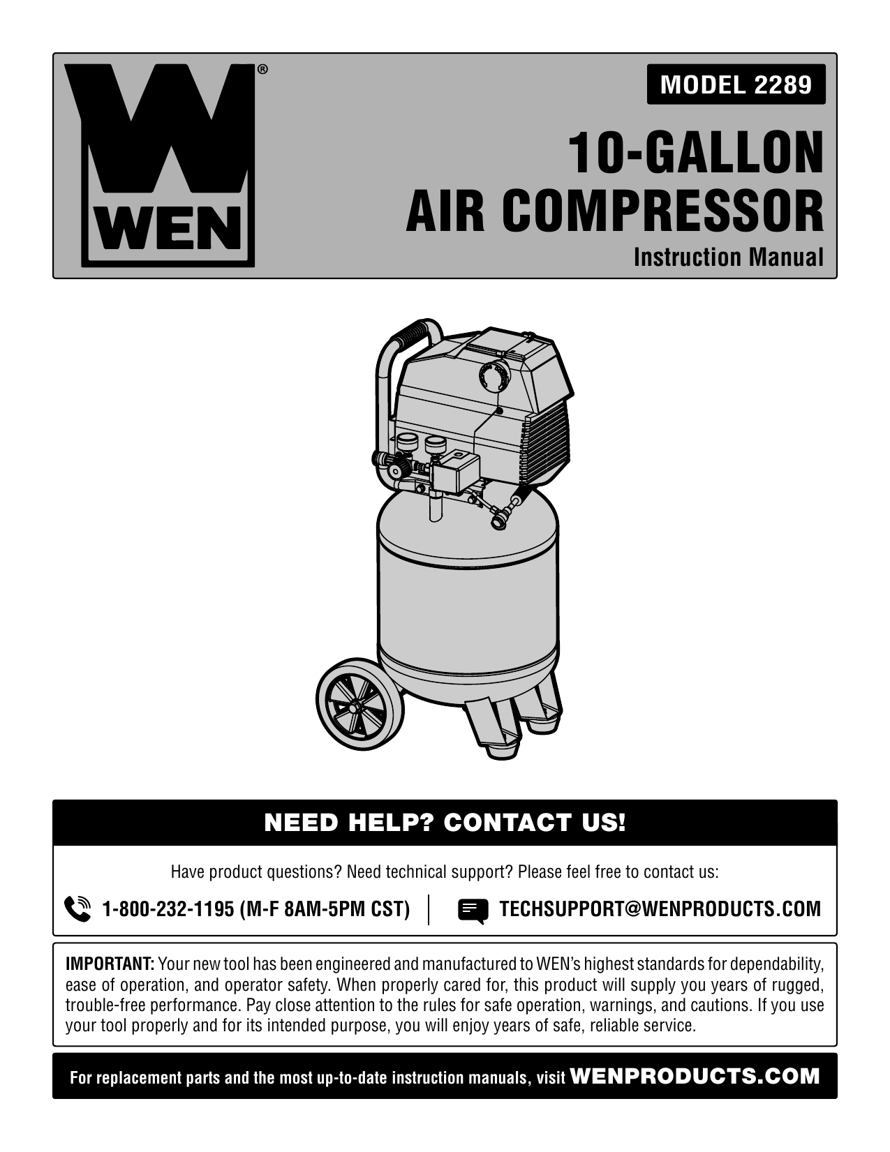 WEN 2289 10 Gallon Oil Free Vertical Air Compressor for sale online