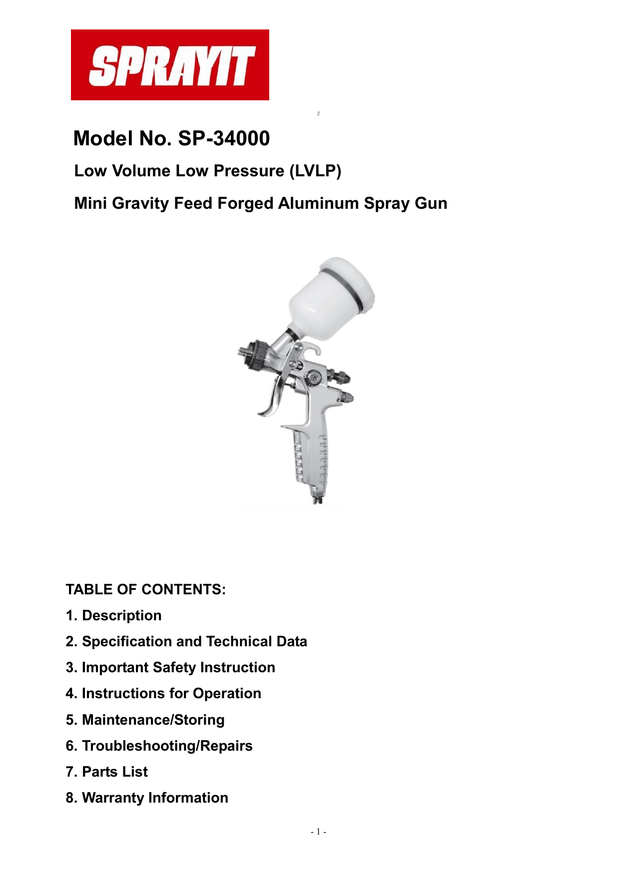 SPRAYIT SP-33500 LVLP Gravity Feed Mini Spray Gun