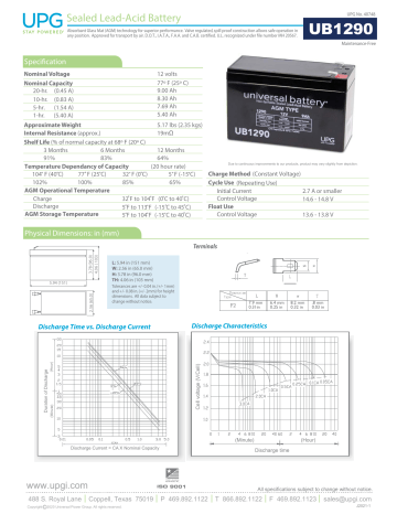 UPG UB1290F2 12-Volt 9 Ah F2 Terminal Sealed Lead Acid (SLA) AGM Rechargeable Battery Guide | Manualzz